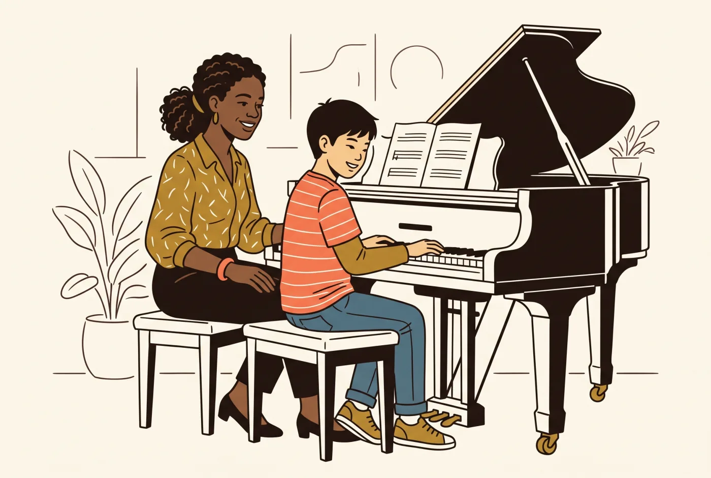 Professora acompanhando um aluno ao piano durante a aula